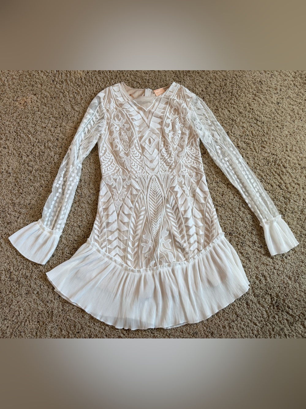 White Long-Sleeve Lace & Pleated Hem Dress